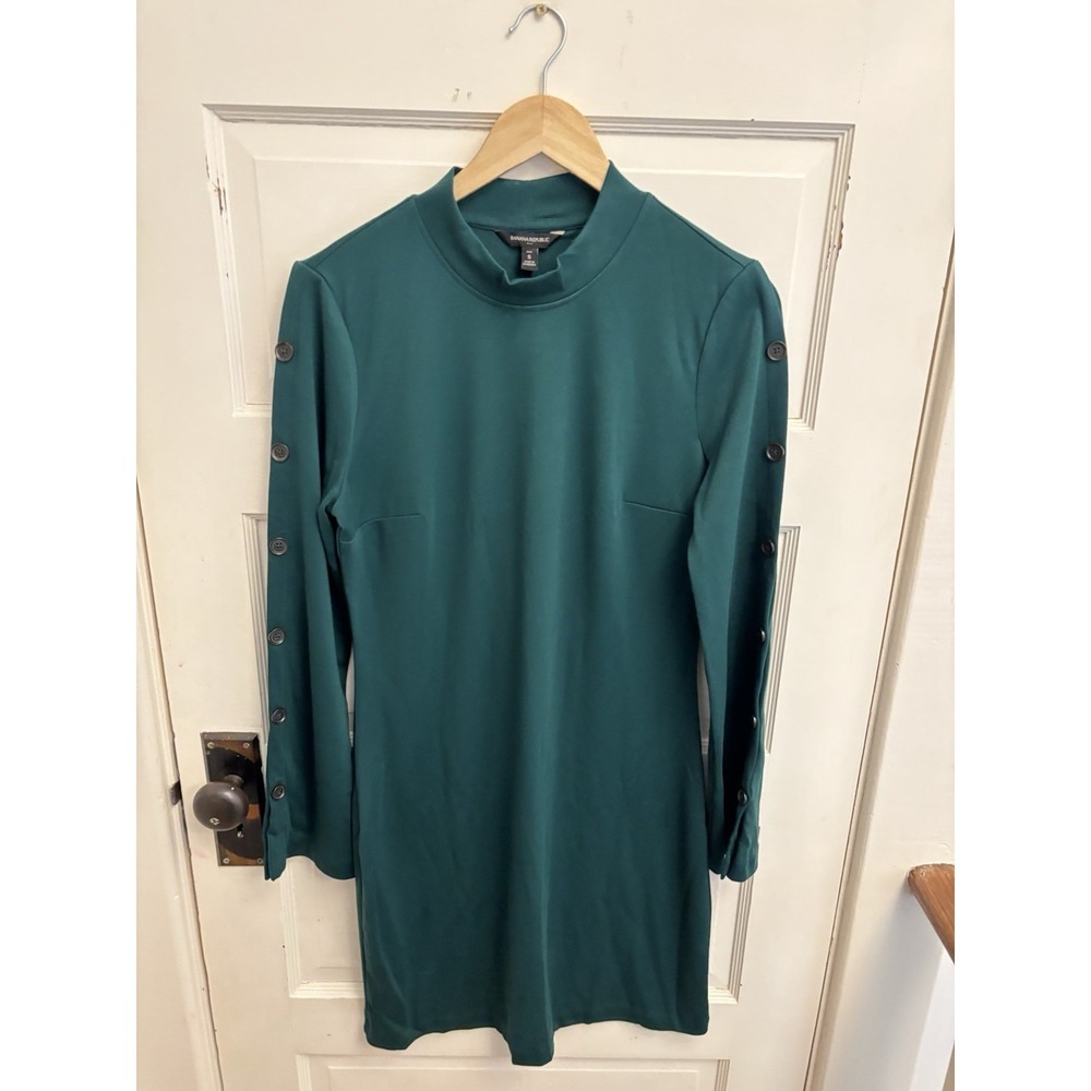 Banana Republic Women's Green Mock Neck Button Sleeve Shift Dress Sz Small Tall - Picture 3 of 7